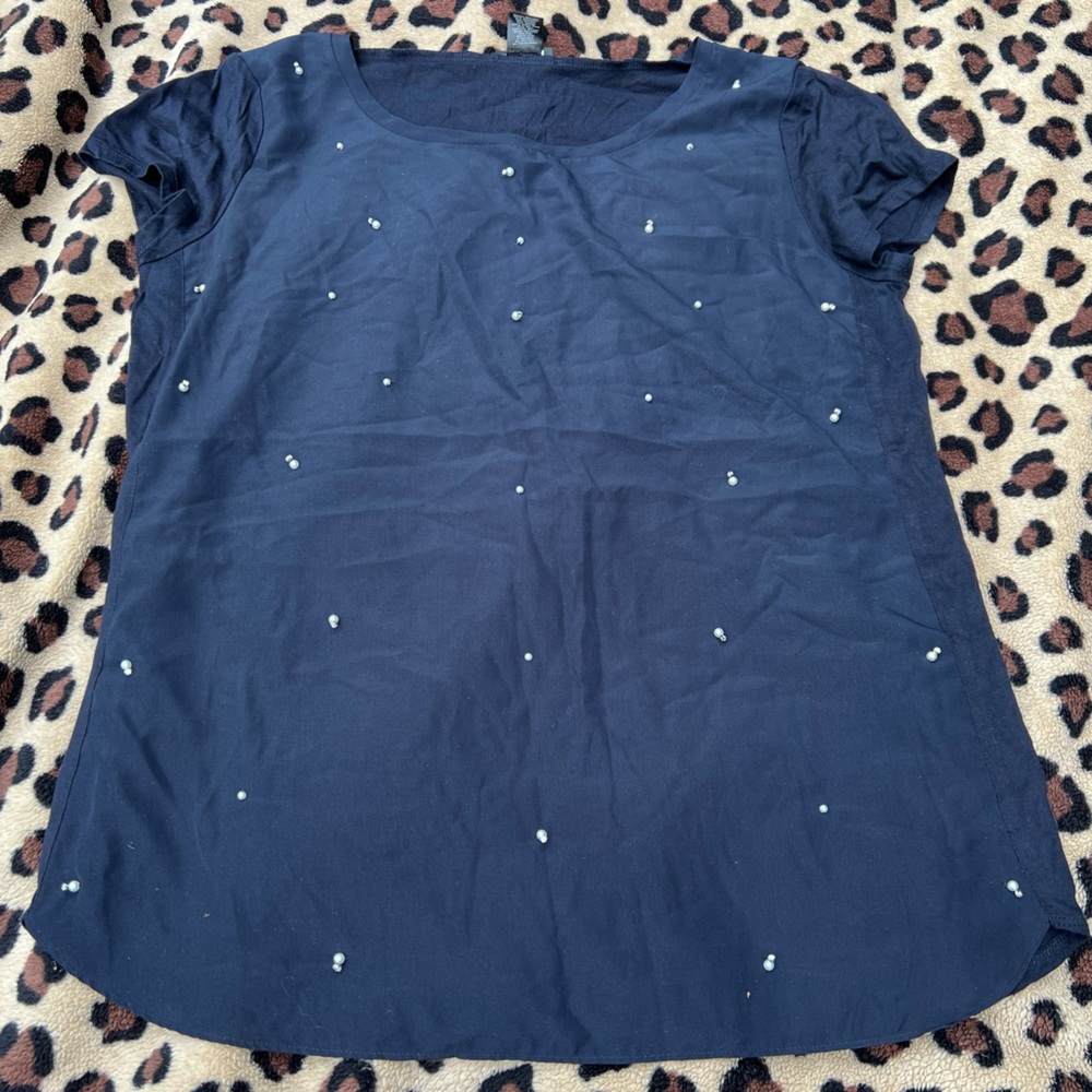 Ann Taylor Women’s Navy Blue w/Rhinestone & pearl embellishments short sleeve